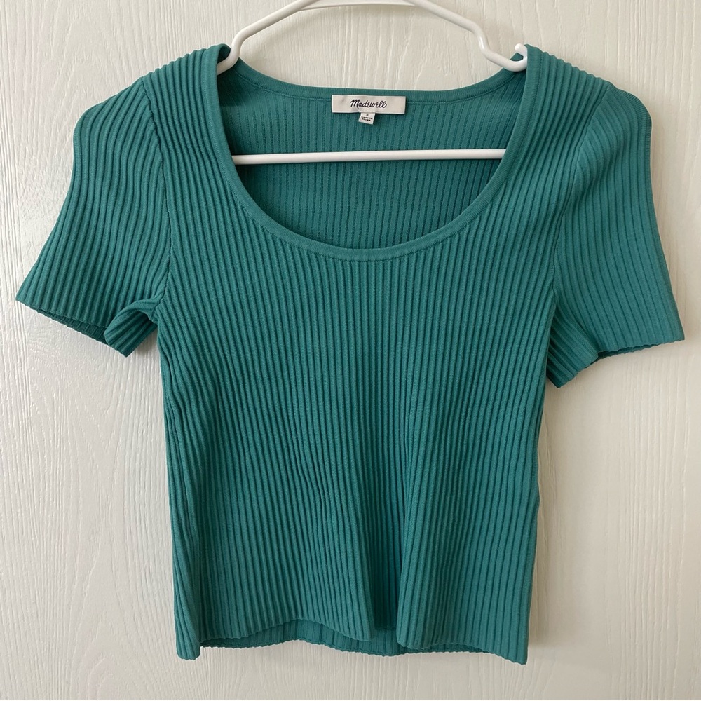 Madewell Scoop Neck Ottoman Crop Ribbed Tee Shirt Turquoise Waters Teal Small